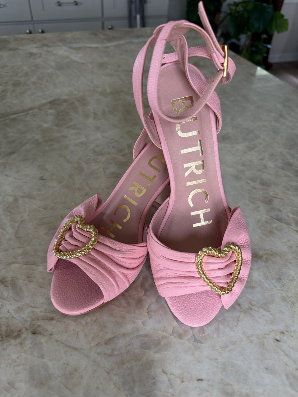 BUTRICH Pink Heart Buckle Ankle-Strap Heels- Size 38/7.5US